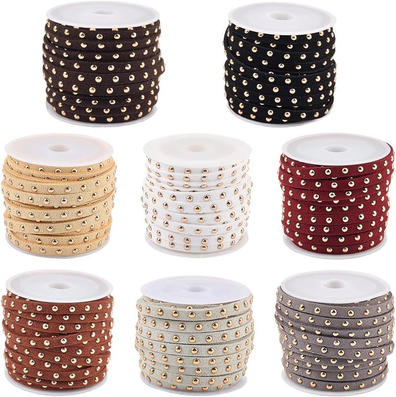 CALFOVERA 43.7 Yards 8 Colors Studded Lace Beading String Strips 5mm Flat Microfiber Leather Faux Suede Cord Rope Trim Ribbon with Golden Punk Rivets for Jewelry Making Necklaces Bracelets DIY Crafts - Image 1